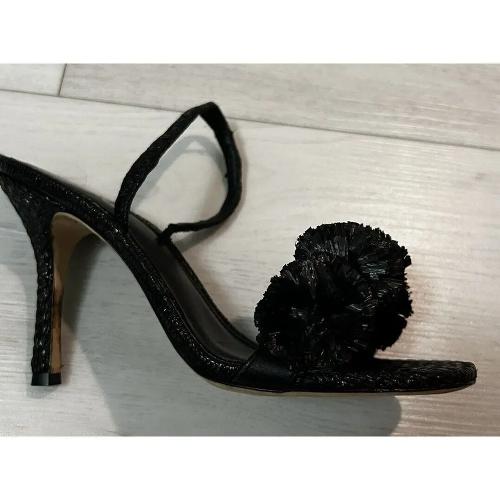 LARROUDE Marilyn Strappy Sandals Size 9.5 Black Raffia Leather‎ $330 Pom Poms